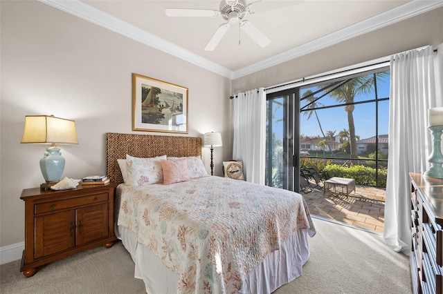 bedroom with access to exterior, light carpet, ceiling fan, and ornamental molding