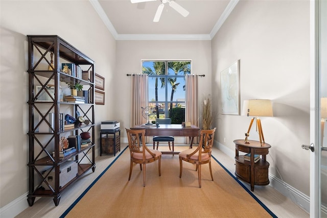 office space with ceiling fan, wood-type flooring, and ornamental molding