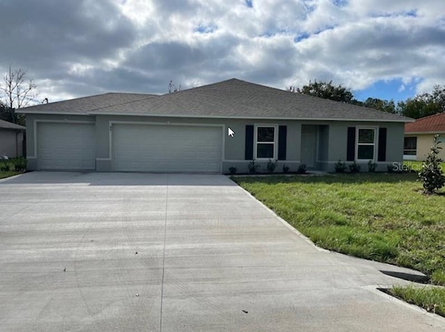 single story home featuring a garage and a front yard