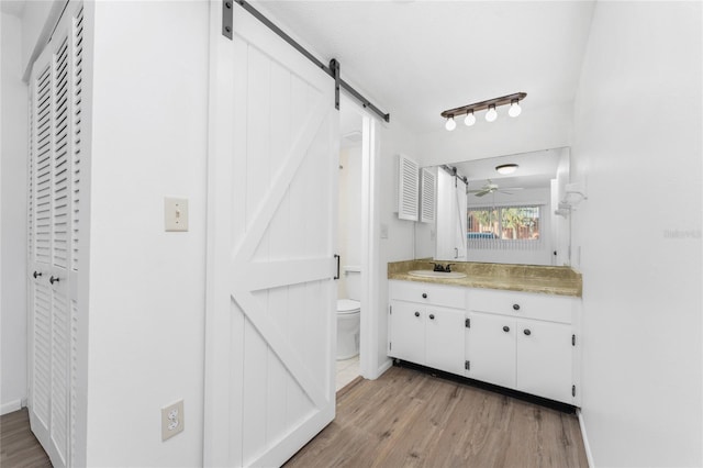 bathroom featuring vanity, hardwood / wood-style floors, and toilet