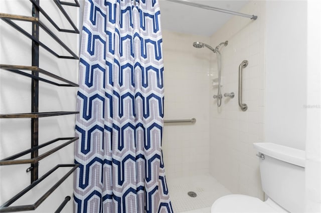 bathroom with toilet and a shower with shower curtain