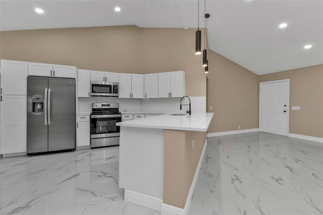 kitchen featuring kitchen peninsula, decorative light fixtures, sink, white cabinets, and stainless steel appliances