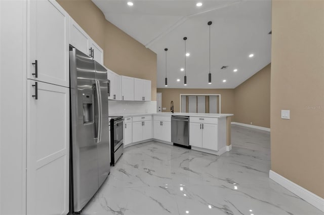 kitchen featuring white cabinetry, stainless steel appliances, backsplash, hanging light fixtures, and kitchen peninsula