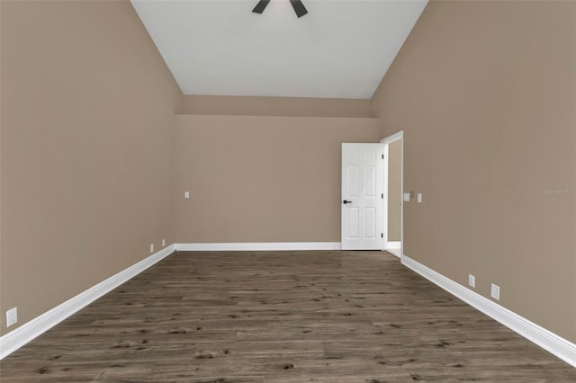 spare room featuring high vaulted ceiling, ceiling fan, and dark hardwood / wood-style flooring