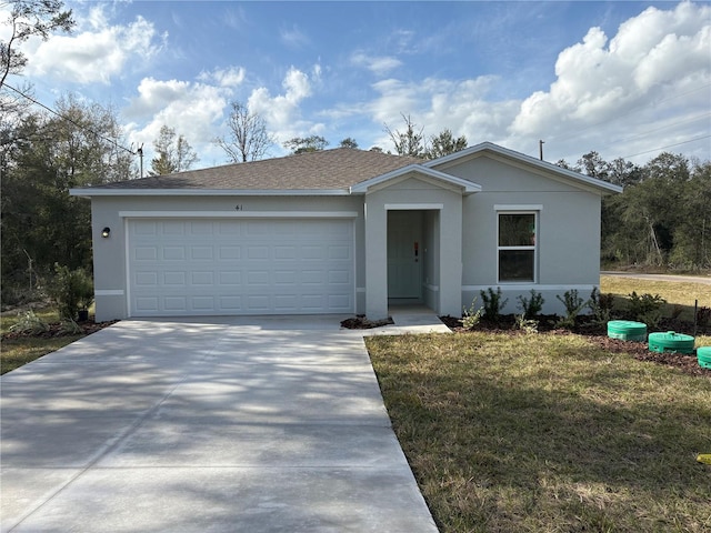 single story home with stucco siding, a garage, concrete driveway, and a front lawn