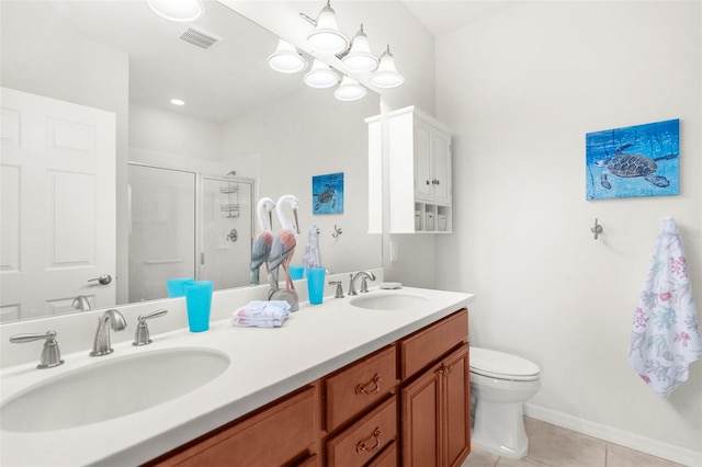 bathroom with tile patterned flooring, vanity, toilet, and a shower with door