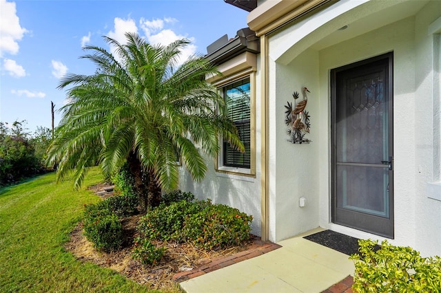 entrance to property with a yard and stucco siding