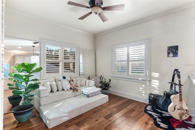 interior space featuring dark hardwood / wood-style floors, ceiling fan, and ornamental molding