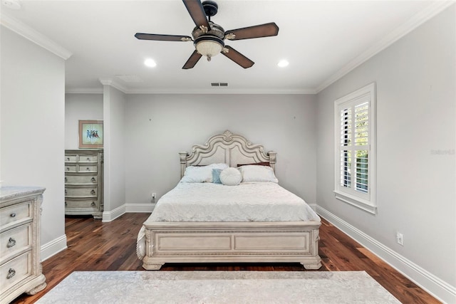 bedroom with ceiling fan, dark wood-type flooring, and ornamental molding