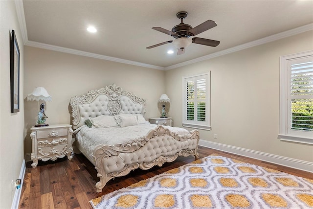 bedroom with dark hardwood / wood-style floors, ceiling fan, and ornamental molding