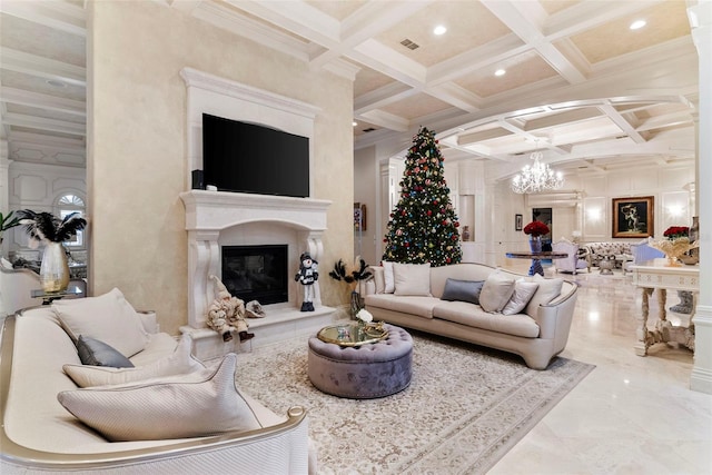 living room featuring beamed ceiling, ornamental molding, a fireplace, and coffered ceiling