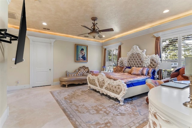 bedroom with a textured ceiling, ceiling fan, crown molding, and multiple windows