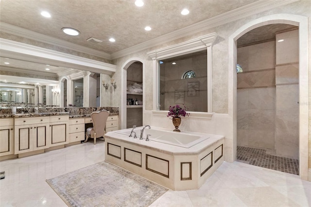 bathroom with tile patterned floors, vanity, crown molding, and plus walk in shower