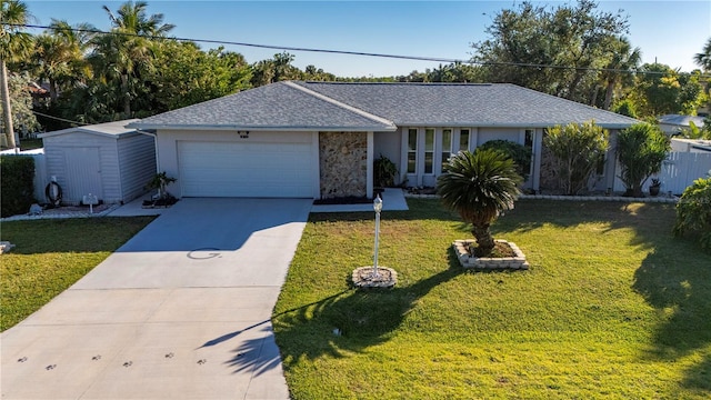 single story home featuring a front yard, a garage, and a storage shed