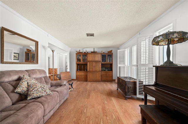 living room featuring light hardwood / wood-style floors, ornamental molding, and a textured ceiling