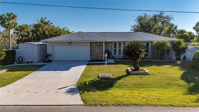 ranch-style house featuring a front lawn and a storage shed