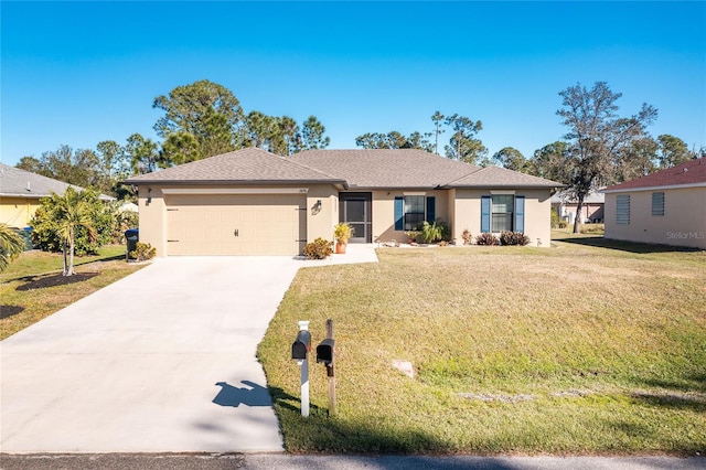 ranch-style house with a front lawn and a garage