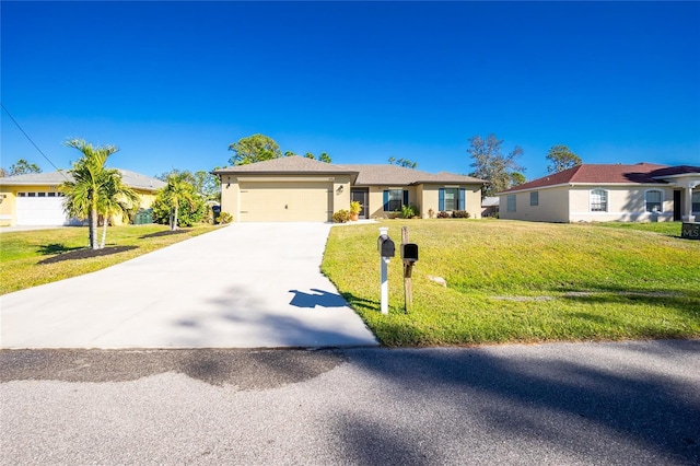 single story home with a garage and a front lawn