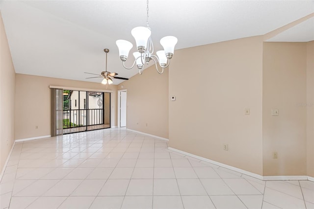 unfurnished room with light tile patterned floors, ceiling fan with notable chandelier, and lofted ceiling