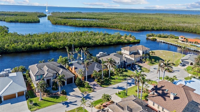 drone / aerial view featuring a water view