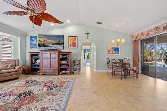 living room featuring ceiling fan with notable chandelier, lofted ceiling, crown molding, and light tile patterned floors