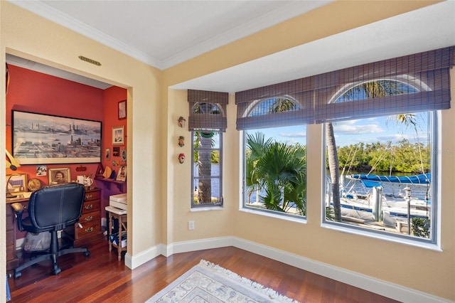 office space featuring a healthy amount of sunlight, crown molding, and dark wood-type flooring