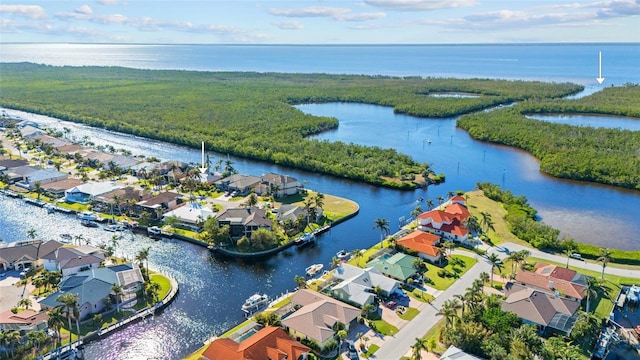 bird's eye view with a water view