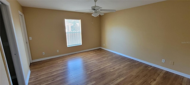 empty room with light hardwood / wood-style floors and ceiling fan