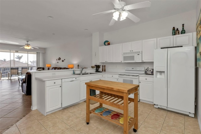 kitchen featuring ceiling fan, white cabinetry, white appliances, and kitchen peninsula