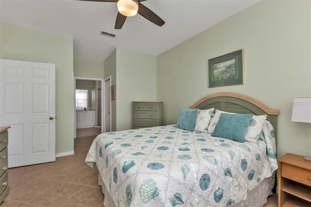 tiled bedroom featuring ensuite bathroom and ceiling fan