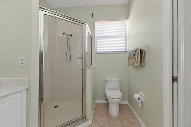 bathroom featuring tile patterned flooring, vanity, toilet, and a shower with shower door