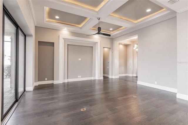 unfurnished room with coffered ceiling, ceiling fan with notable chandelier, crown molding, dark wood-type flooring, and beam ceiling