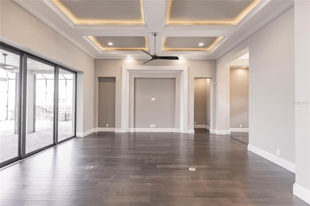 spare room featuring ornamental molding, coffered ceiling, ceiling fan, dark wood-type flooring, and beam ceiling