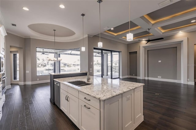 kitchen featuring light stone counters, sink, white cabinets, dark hardwood / wood-style floors, and an island with sink