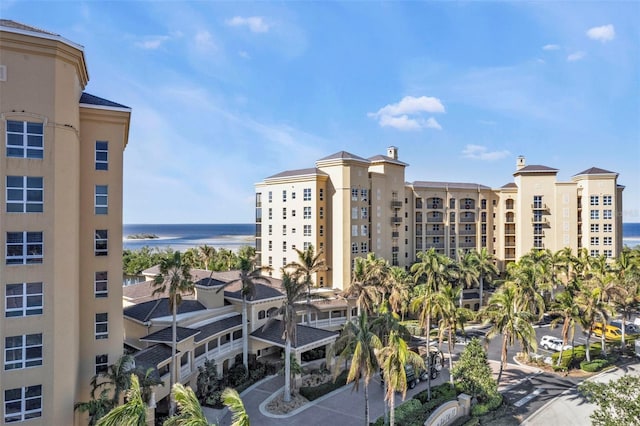 view of building exterior featuring a water view