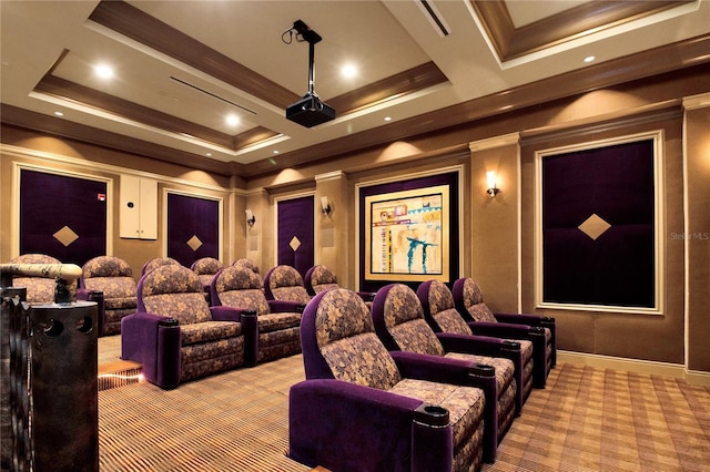 cinema room with beamed ceiling, light colored carpet, crown molding, and coffered ceiling