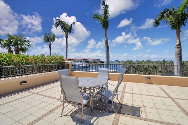 view of patio with a water view