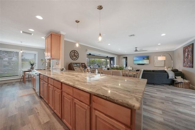 kitchen with ceiling fan, hanging light fixtures, stainless steel dishwasher, light wood-type flooring, and ornamental molding