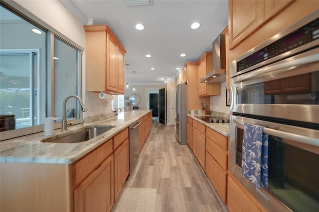 kitchen featuring ornamental molding, wall chimney exhaust hood, stainless steel appliances, sink, and light hardwood / wood-style flooring