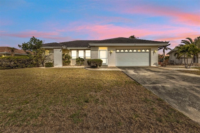 view of front facade with a yard and a garage