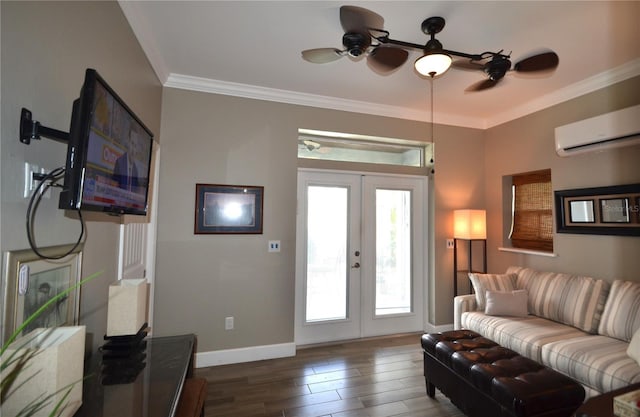 living room with a wall mounted air conditioner, french doors, crown molding, ceiling fan, and dark hardwood / wood-style flooring