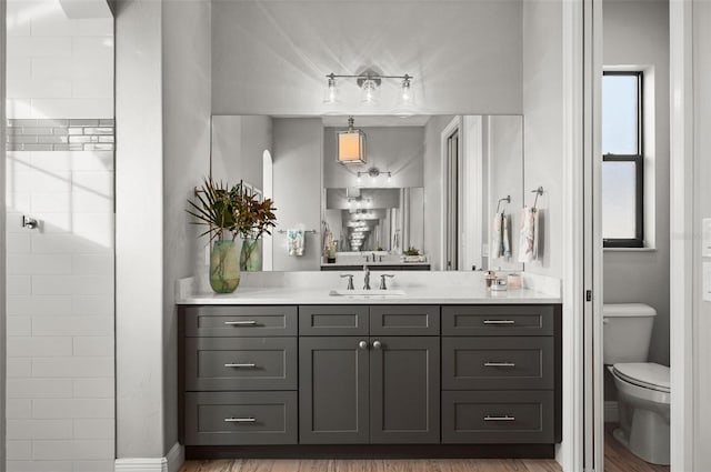 bathroom with hardwood / wood-style flooring, vanity, toilet, and walk in shower