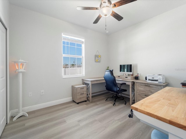 office area featuring ceiling fan and light hardwood / wood-style floors