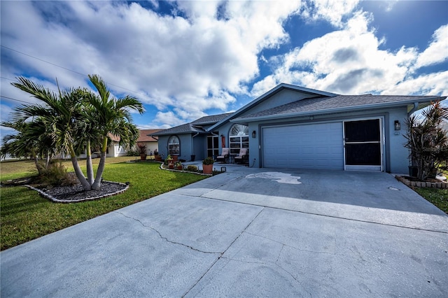 ranch-style house with a front yard and a garage