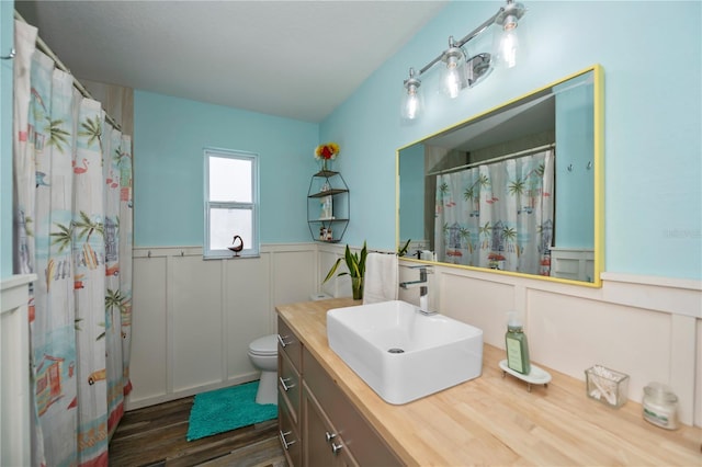 bathroom featuring vanity, hardwood / wood-style flooring, and toilet