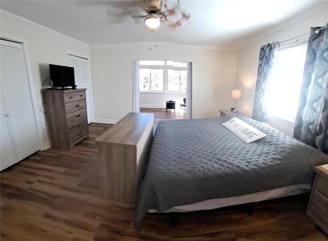 bedroom featuring ceiling fan, dark hardwood / wood-style floors, and crown molding