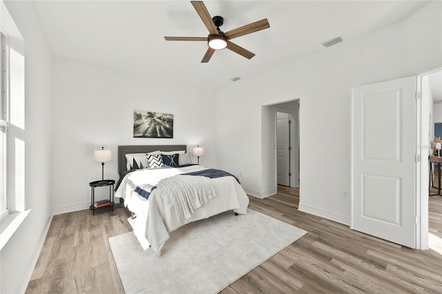 bedroom featuring ceiling fan and light hardwood / wood-style flooring