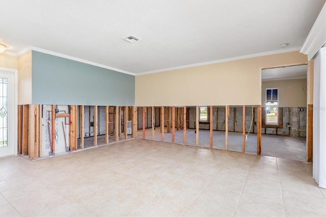 spare room featuring a healthy amount of sunlight and ornamental molding