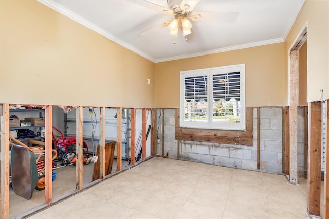 spare room featuring ceiling fan and ornamental molding