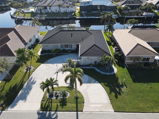 bird's eye view with a water view